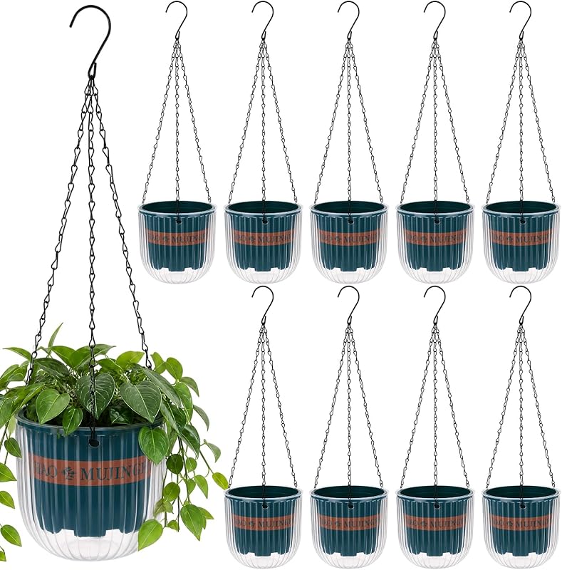 10 Pack 6.5 Inches Self Watering Hanging Planters for Indoor Outdoor Plants Bulk with Metal Hanging Chain and Hook, Self Watering Hangings Pots for Gardens Home