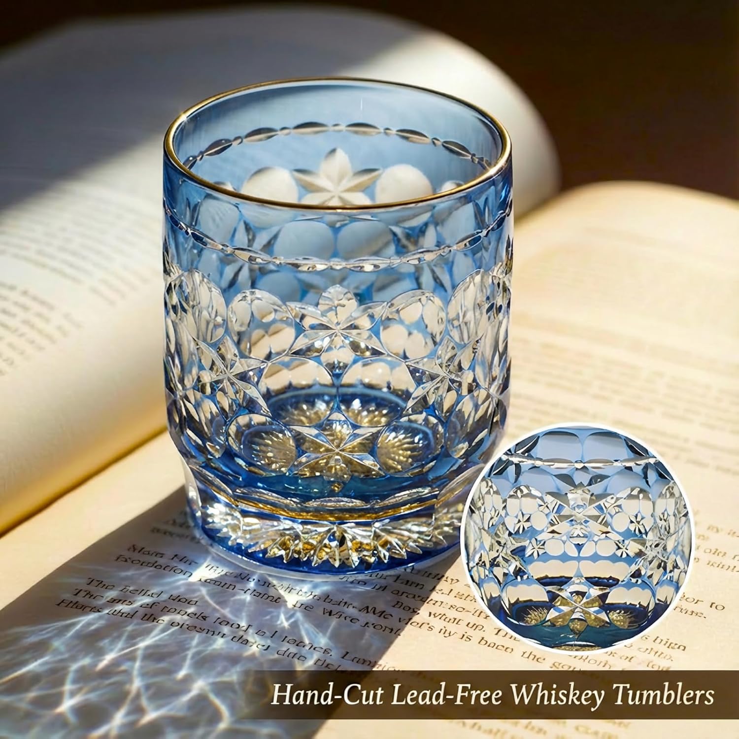 Hand Cut Crystal Whisky Glass 11oz Edo style Whiskey Glasses Blue Pattern for Cocktail-Vodka-Beer Drinking ware Glasses In Gift Carton，Elegant Whiskey Gift