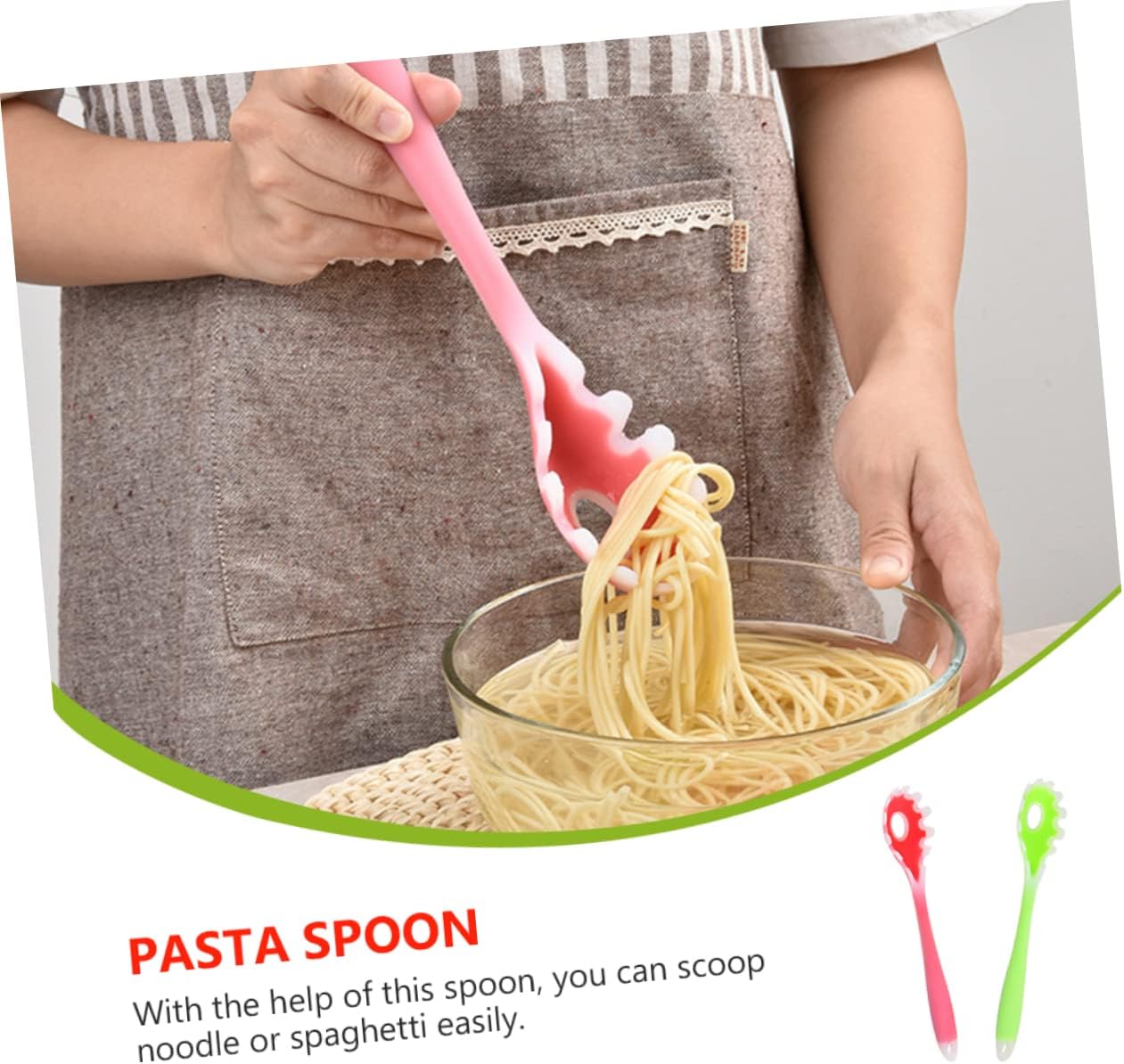 Alipis 2pcs Silicone Noodle Spoon Set Food-grade Spaghetti Server with Unique Handle Practical Kitchen Gadget for Cooking and Serving Pasta and Hot Pot Translucent Green Pink