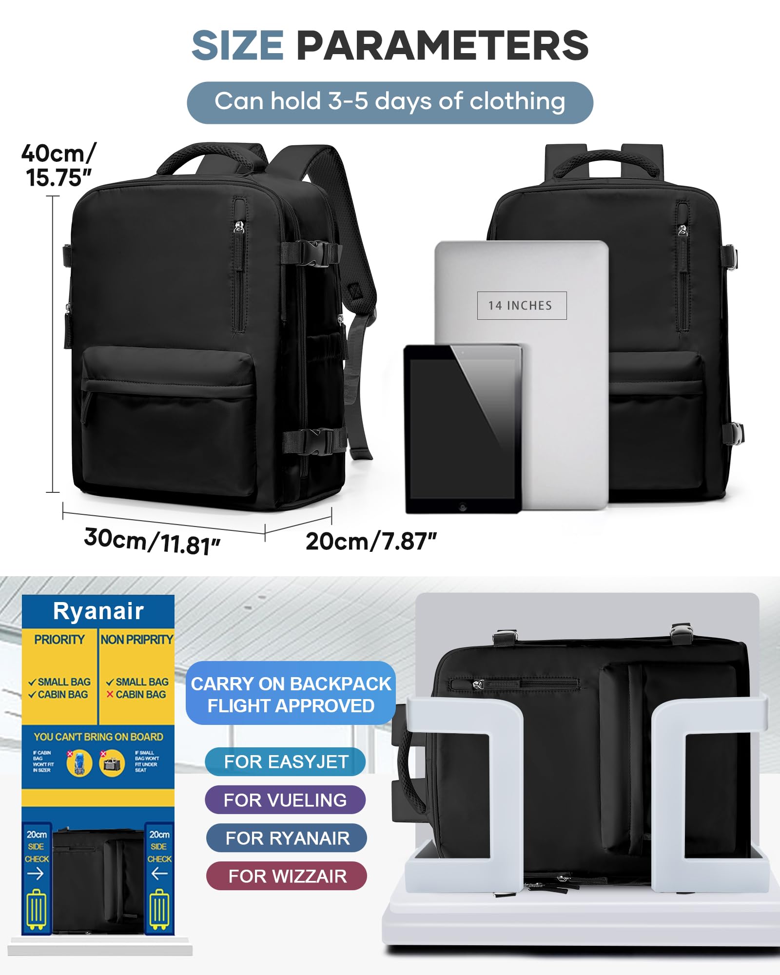 Borse da Cabina per Ryanair 40x20x25 Bagaglio a Mano Zaino Borsa Zaino da Viaggio, Zaino da trekking,da uomo, zaino casual per laptop da 14 pollici per scuola con porta di USB