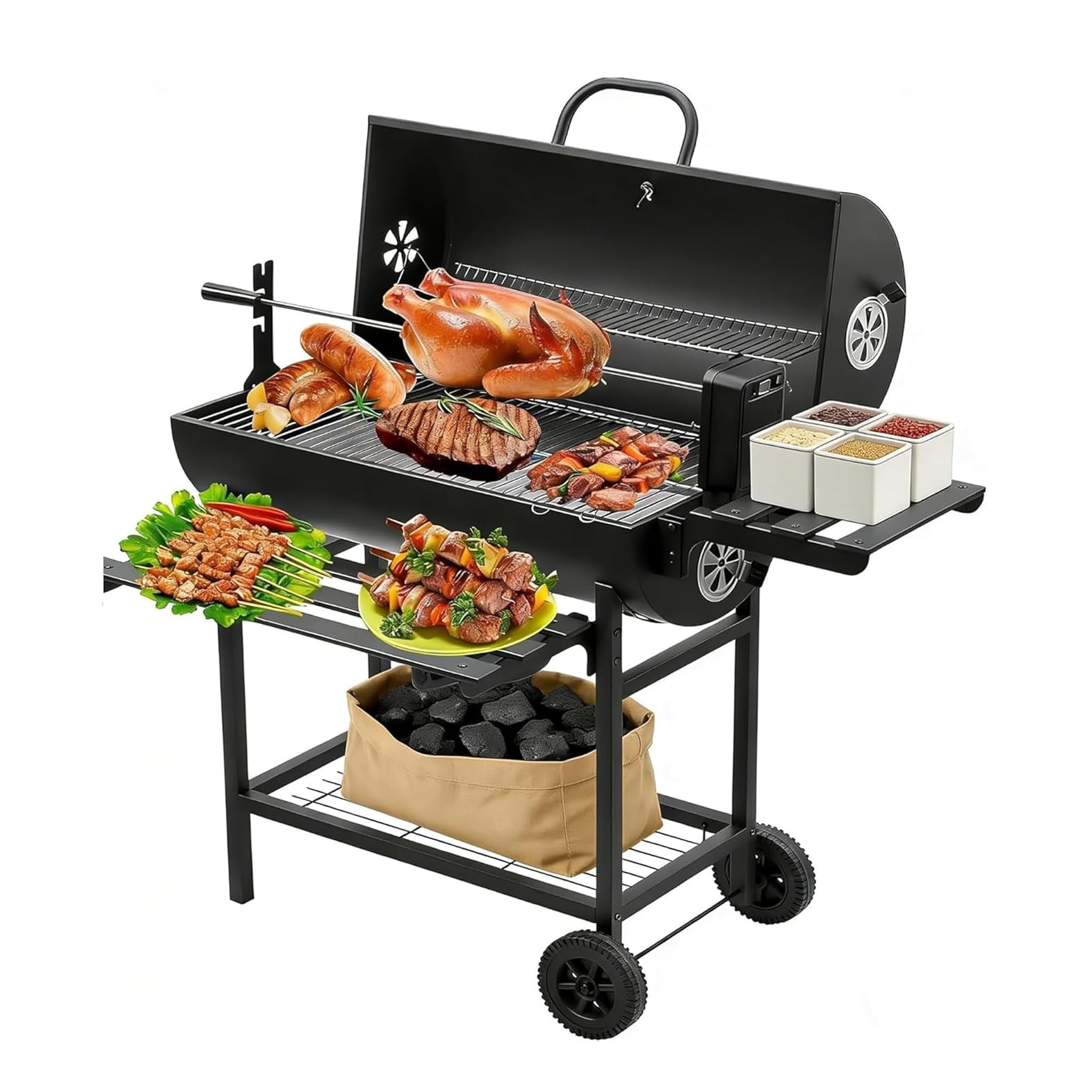 TEENO Charcoal BBQ Grill, Outdoor Smoker with Temp Gauge, Air Vents, Foldable Shelves, Warming Rack, Mobile Wheels, Chicken Roaster, Grill Gloves & Meat Clips for Patio Camping โ image 1