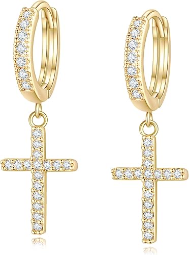 Aretes de aro chapados en oro de 14 quilates, aretes de cruz de oro de moda para mujer, aretes pequeños de circonita cúbica, aretes colgantes de