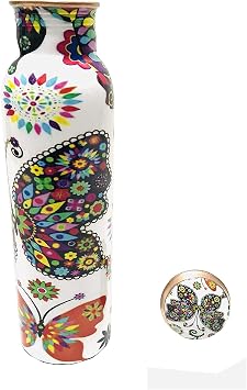 Multi Butterfly 34oz Pure Copper Water Bottle for Drinking Large Handcrafted Ayurvedic Copper Water Bottle, Leak Proof Lid Smooth Finish Copper Bottle Water Vessel Capacity 1 litre