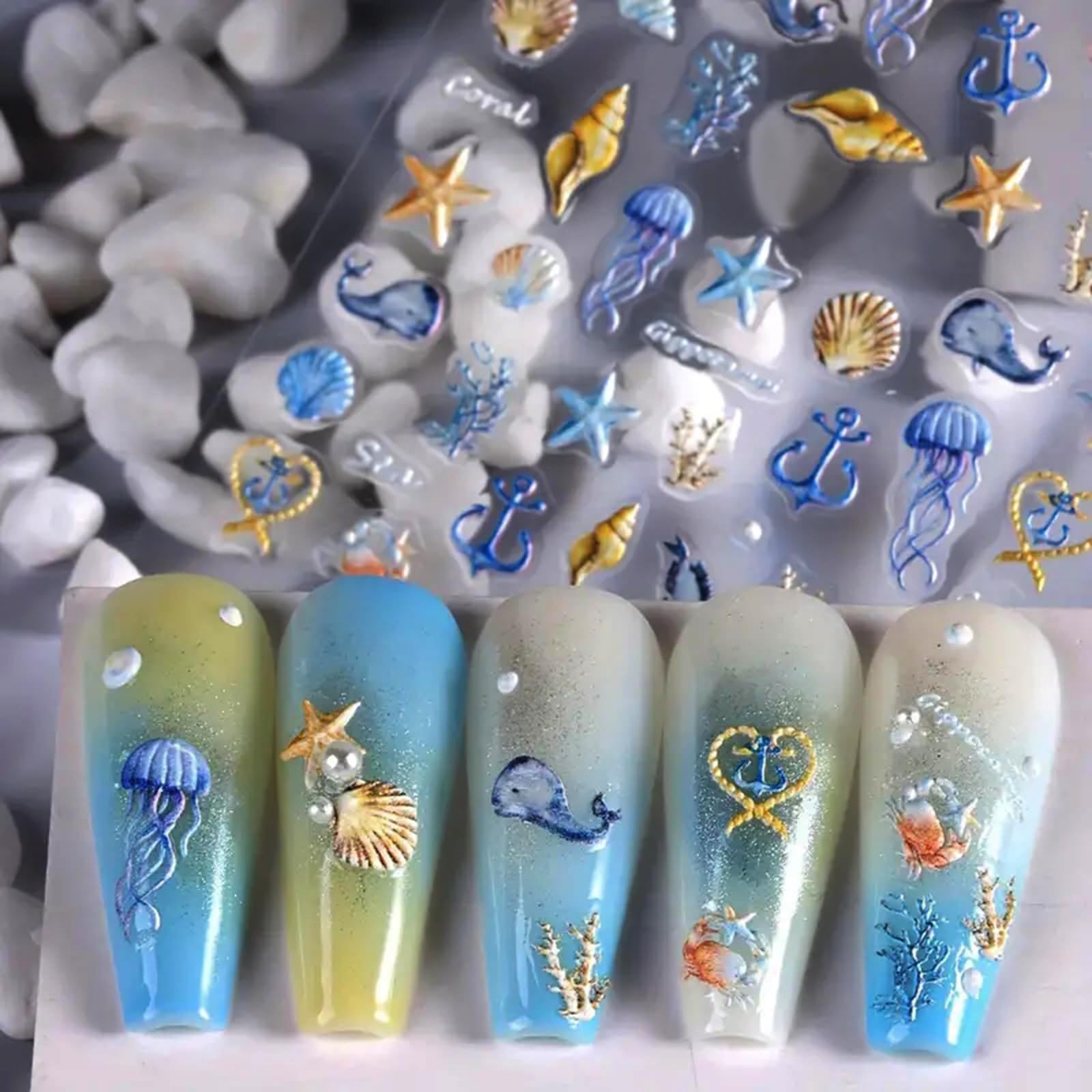 Irikdescia 2 Pezzi 5D Adesivi per Unghie con Rilievi di Stelle Marine, Adesivi Autoadesivi a Tema Marino per Decorazione delle Unghie, Accessori per Manicure e Nail Art