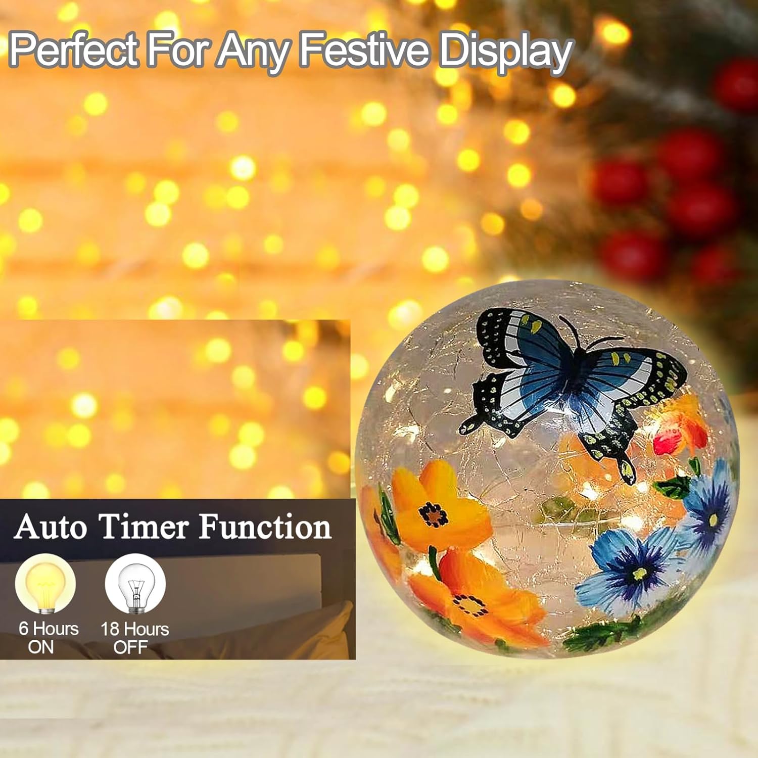 Crackle Glass Ball Light Butterfly Floral Pattern LED Night Light Indoor Tabletop Decorative Sphere Lamp for Home Decor Christmas Birthday Wedding Girls Women's Gift with Timer(6H ON,18H Off) - Image 2