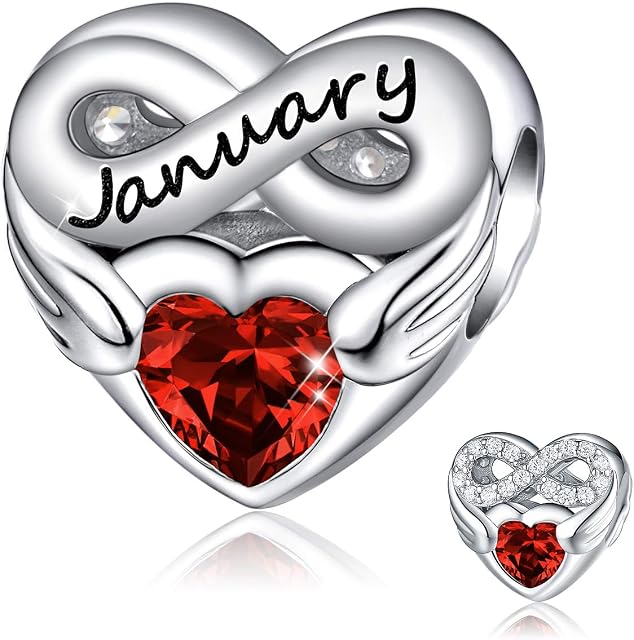 FOREVER QUEEN Women's Heart Birthstone Charm for Bracelet 925 Sterling Silver Heart Infinity Charms Bead, Birthday Gift With Jewelry Box