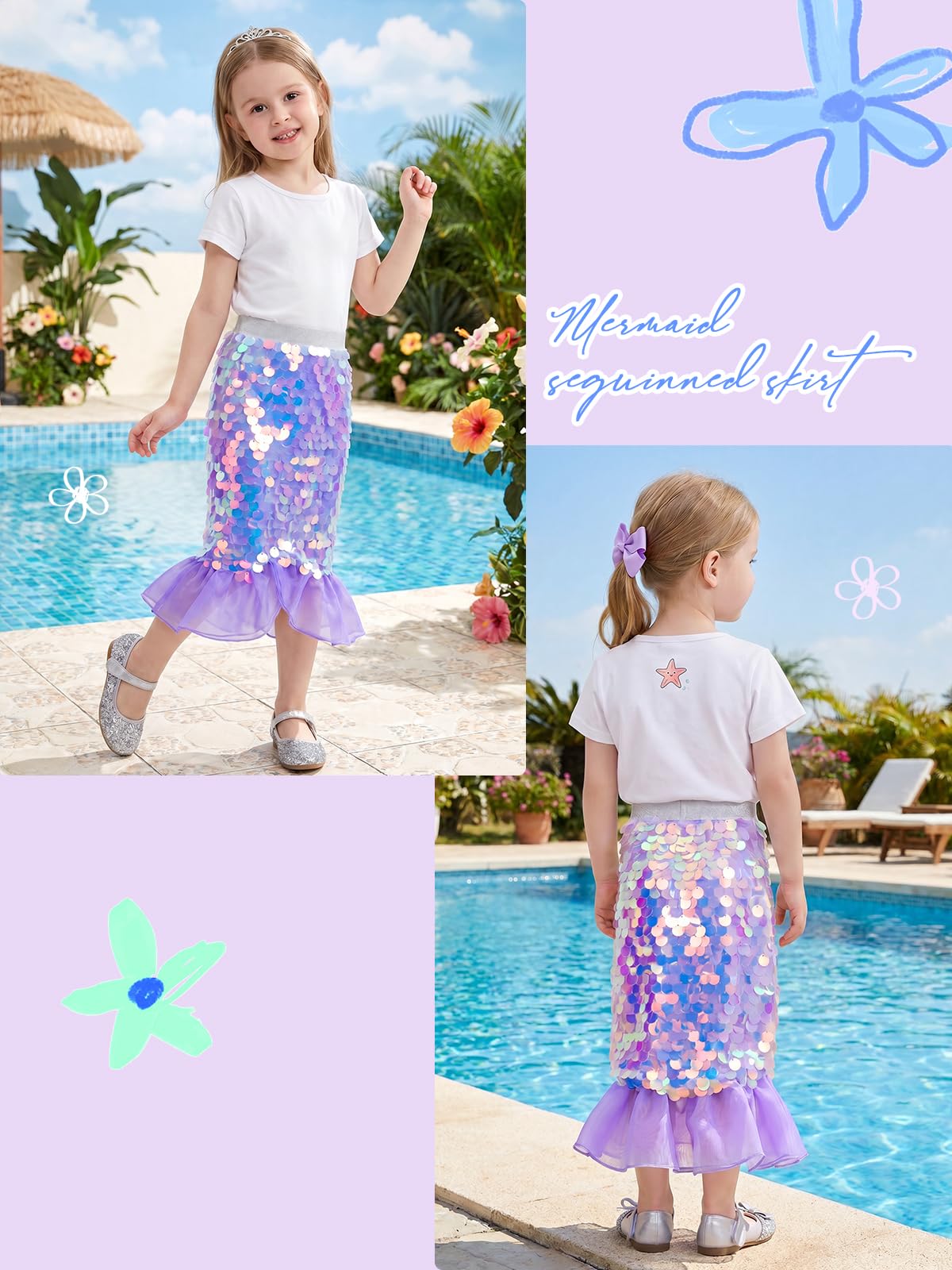 Miipat Jupe Fille Paillettes Enfant Jupes Sirène avec Doublure Taille Élastique Glitter Jupe Queue de Sirène pour Petite Fille Anniversaire Fête Plage