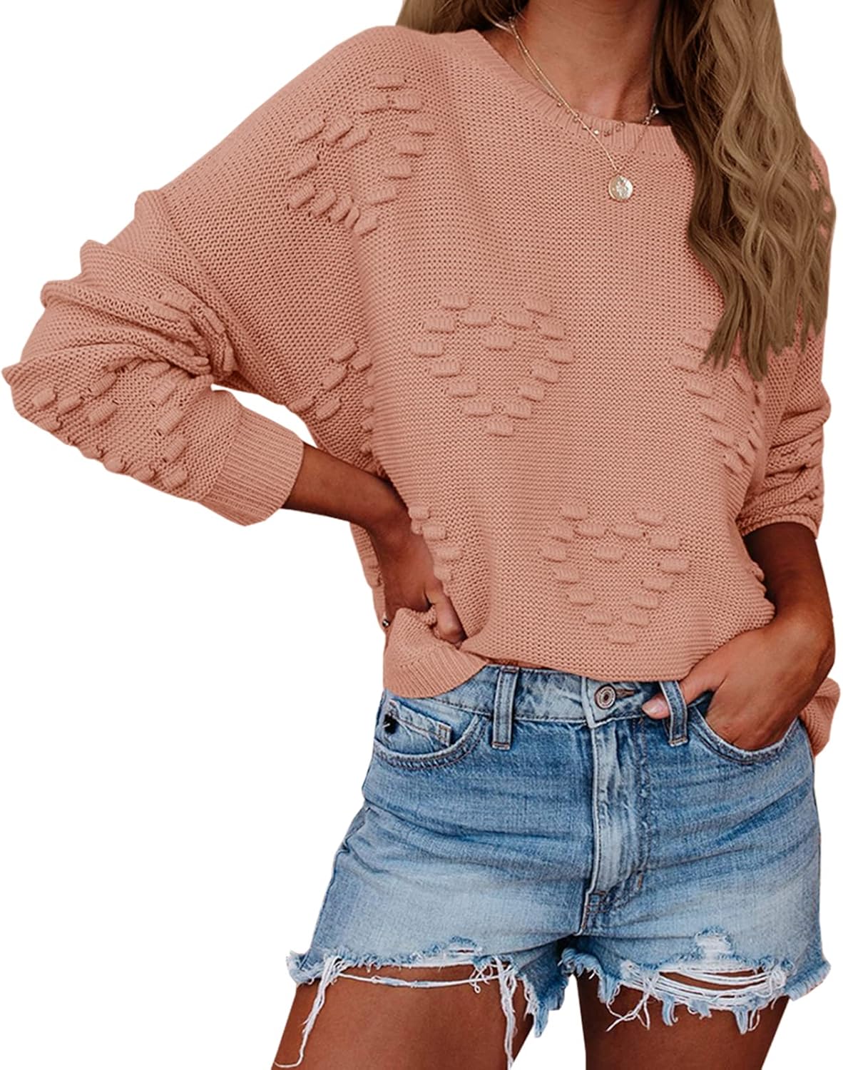 Tutorutor Womens Cute Heart Love Print Valentine Sweater Tops Oversized Crew Neck Dot Ball Loose Knitted Jumper Pullover