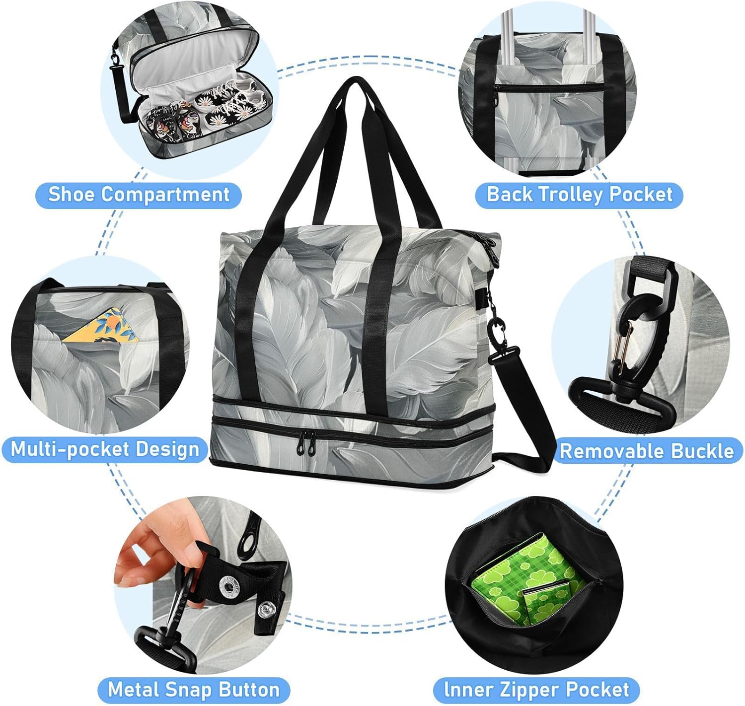 Feather Gray Translucency Sports Tote Gym Bag Carry On Weekend Bag with Adjustable Strap for Gym 2 Pcs Set