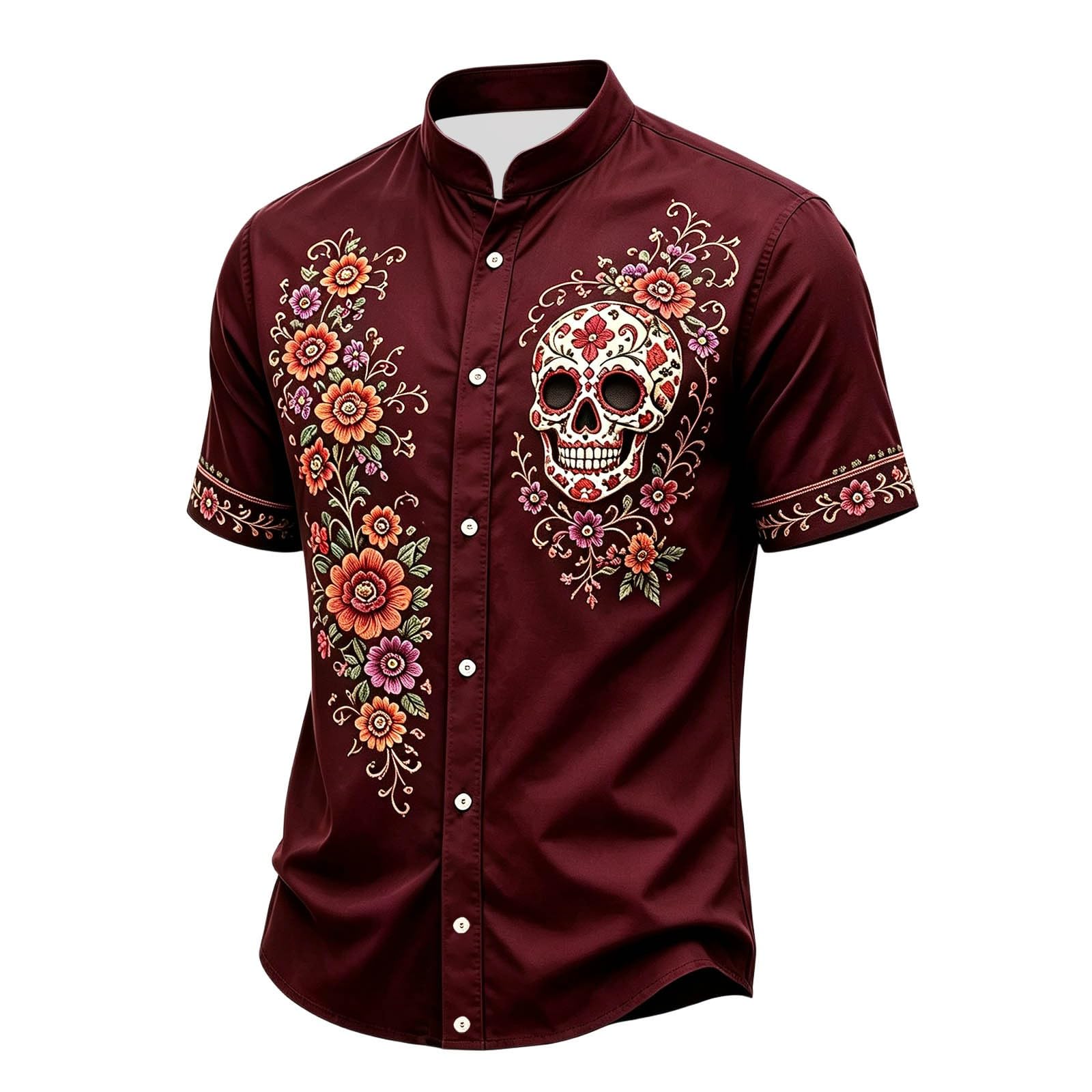Halloween Shirt Men,Skull Shirt Mens Short-Sleeve Day of The Dead Floral Skull Goth Casual with Button-Down Fit Spooky Party Wear Funny Graphic Vintage Style Casual Outfits — image 1