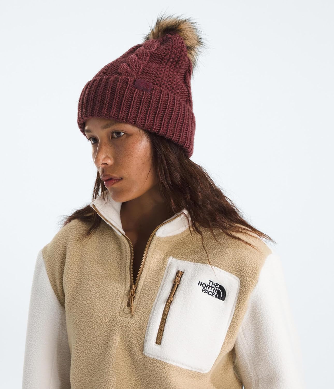 THE NORTH FACE Women's Oh Mega Fur Pom Beanie | Deep Fit Cuffed Winter Hat With Oversized Faux-fur Pom & Cable Detailing - Image 2