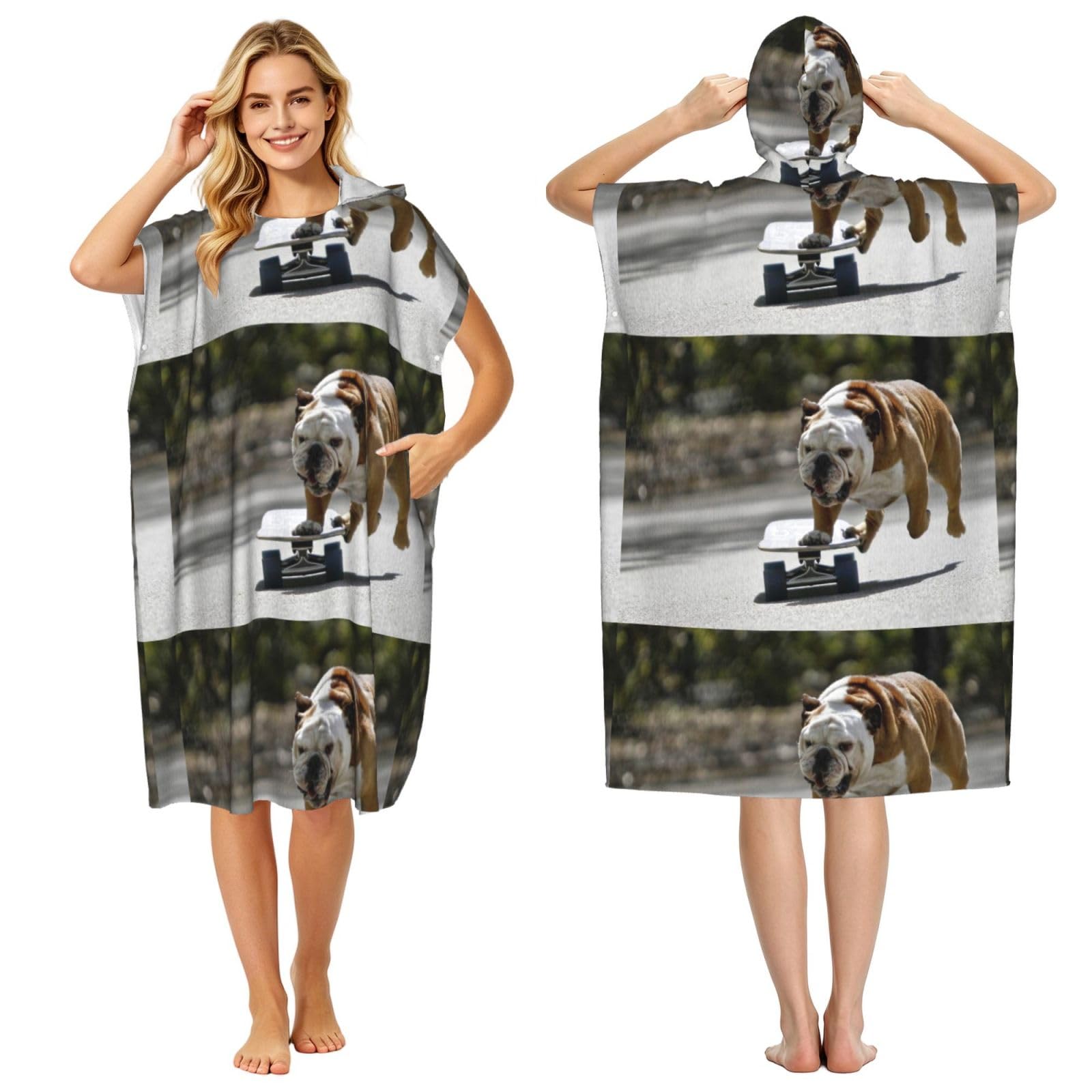Poadnly English BullDogs Bokeh Skateboard Pets English, Adult Hooded Beach Towel 90 x 110 cm,Changing Bath Robe, Surf Poncho Towel For Women Men