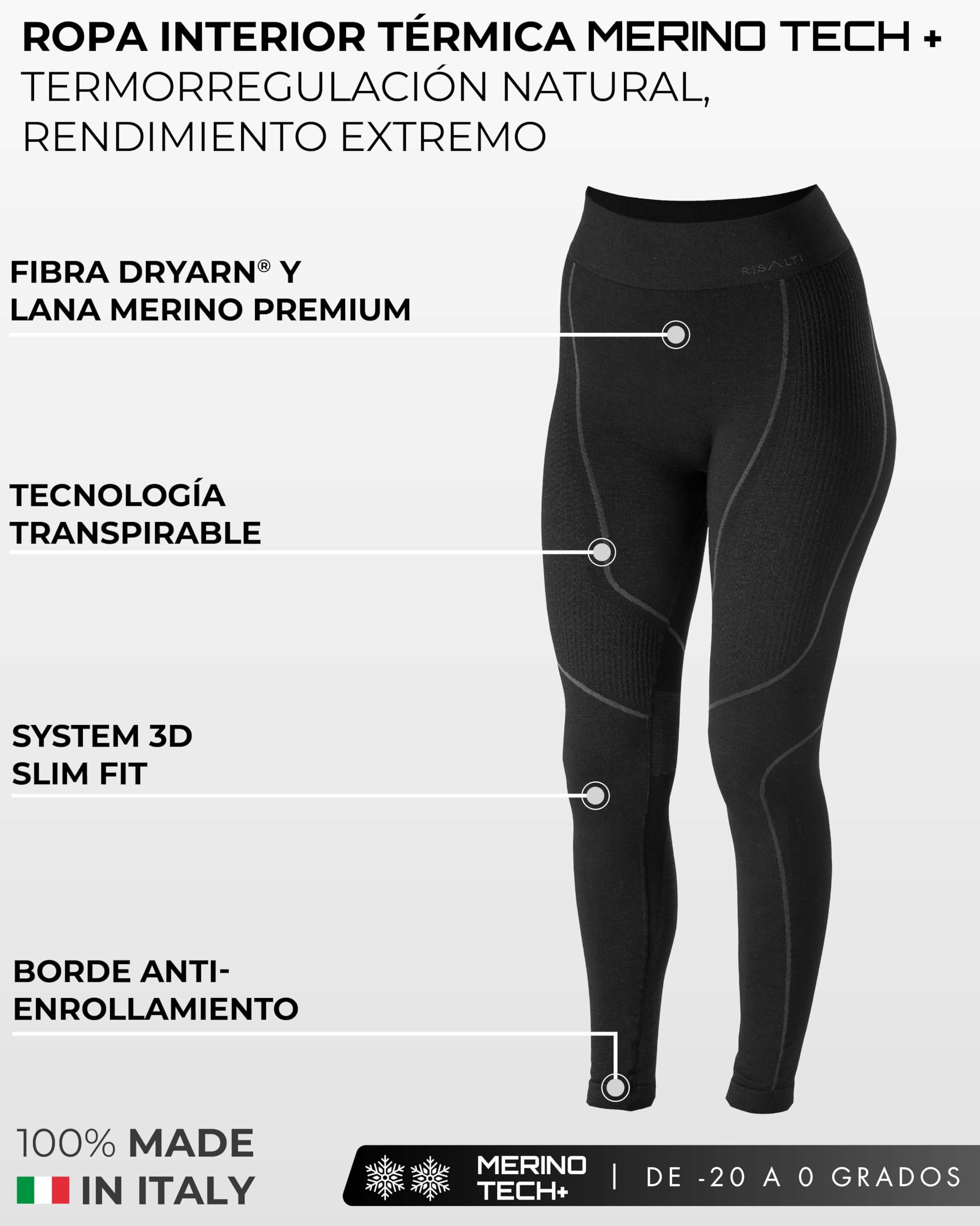 Risalti Ropa Termica Mujer Frio Lana Merino Tech – Camiseta Termica Mujer Manga Larga y Mallas Lana Merinos, Ropa Interior Invierno Transpirable y Termorreguladora, Seamless – Made in Italy