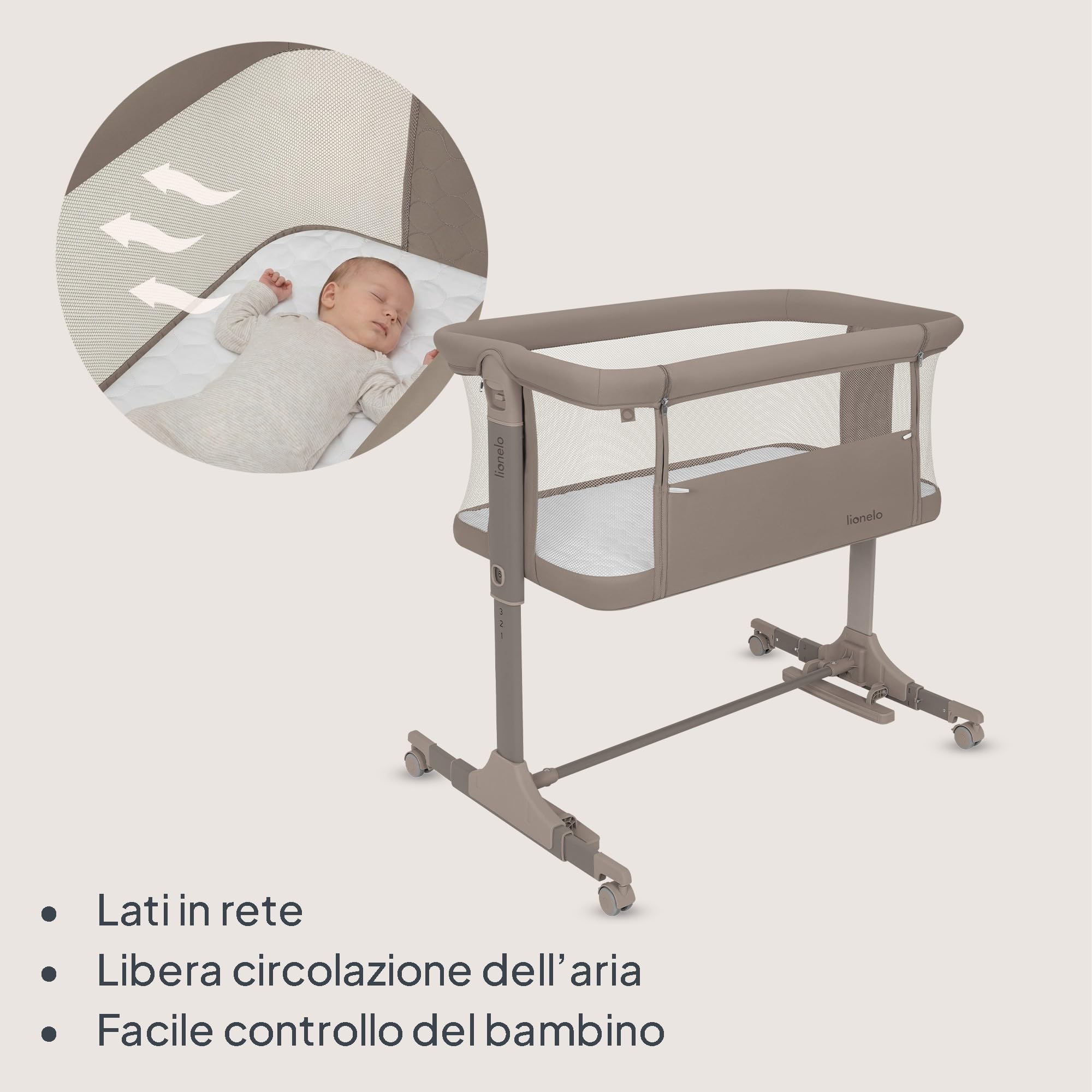 lionelo PARI Culla Co Sleeping Fianco Letto 3 in 1, Regolabile in Altezza 6 Livelli, Materasso T25 2 cm, Ruote con Blocco e Dondolo, Gambe Regolabili per Letto Continentale, Rivestimento Lavabile