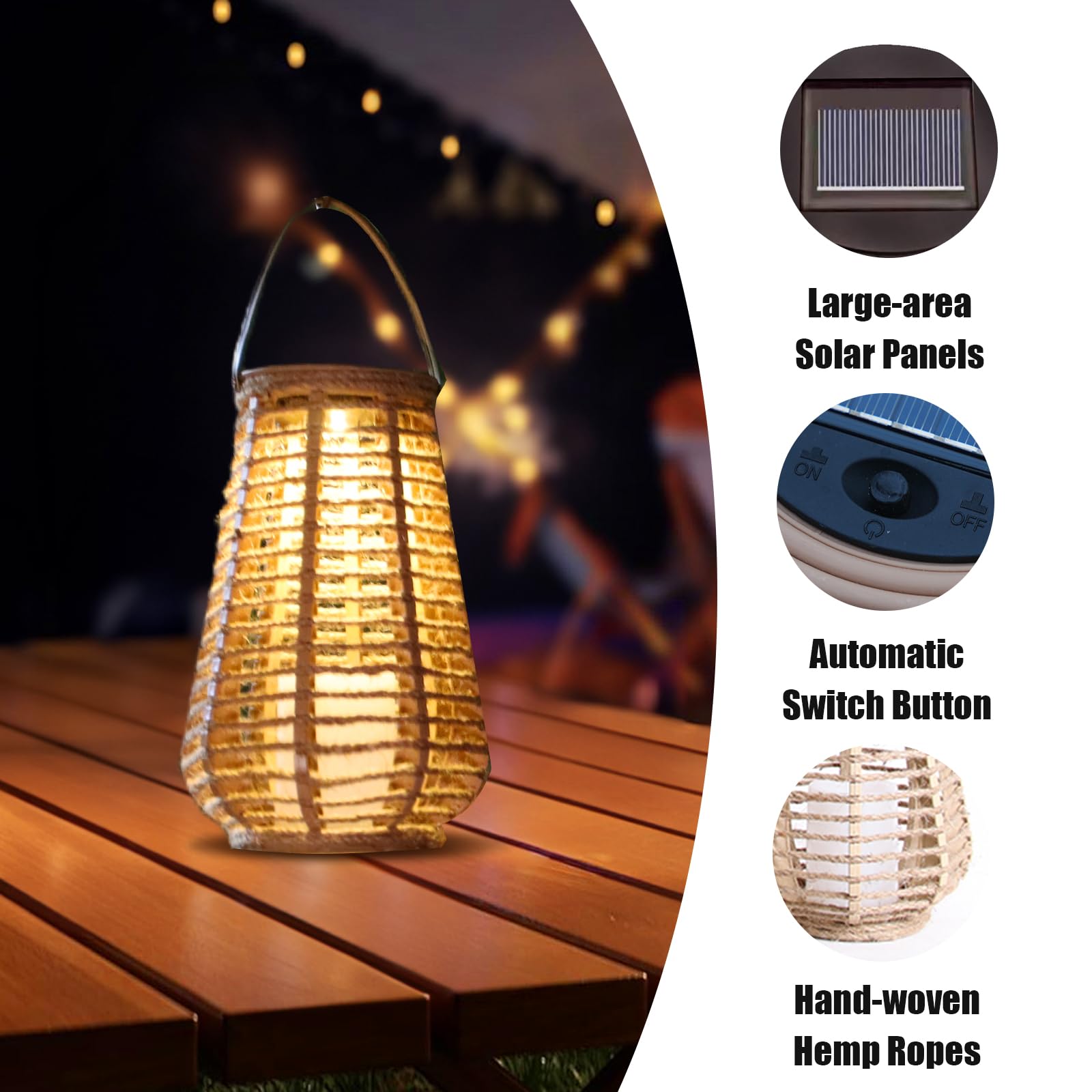 Lanterne solari per esterni, confezione da 2 luci da esterno in corda di canapa naturale intrecciata, con accensione e spegnimento automatico, nessuna installazione richiesta, decorazione da giardino