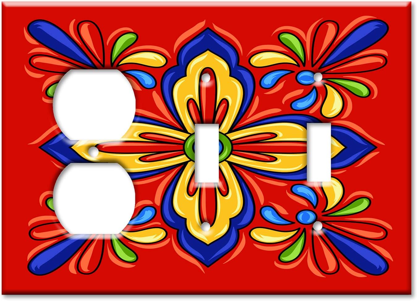 Art Plates - Decorative Light Switch Plate Cover Plate - Decorative Metal Wall Plate - Combo: Outlet - Toggle - Toggle - Red Mexican Talavera Tile (PRINTED IMAGE) - (Made in USA)