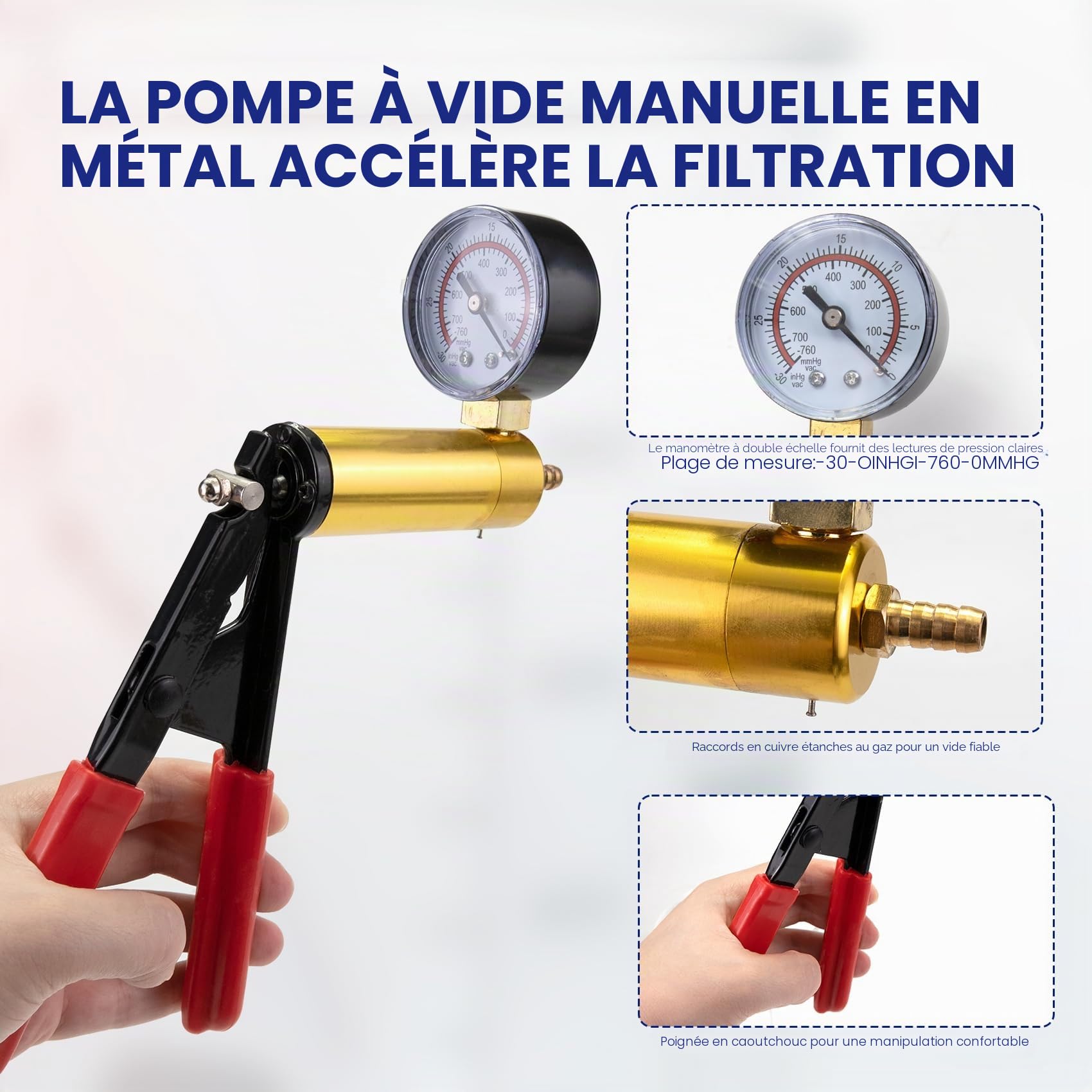 Kit de Filtration sous vide Buchner Funnel 1000mL, Pompe à Vide Manuelle, entonnoir Buchner de 80 mm, 100 feuilles de papier filtre, tuyau en caoutchouc et bouchons