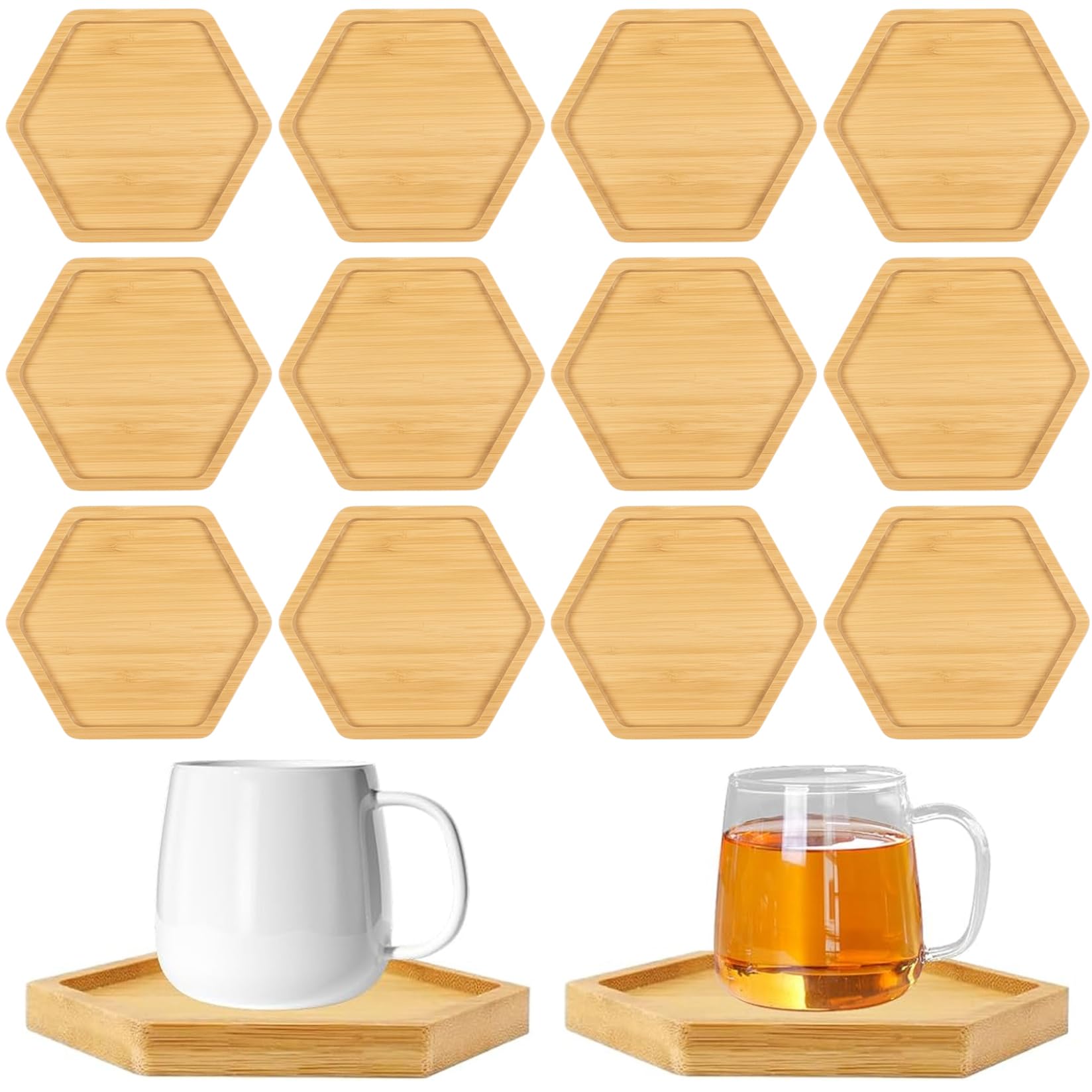 Monwssoe Coasters, 12 Pack Wooden Coasters for Crafts, Natural Bamboo Hexagon Shape, DIY Unfinished Wood Coaster for Drinks, Home Table Desk Decor