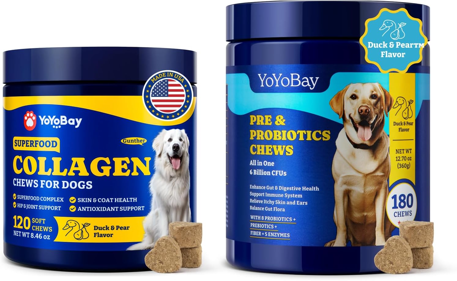 Collagen for Dogs - Dog Collagen Soft Chews for Hip, Joint, Skin & Coat + Probiotics for Dogs, Immune Support Supplement