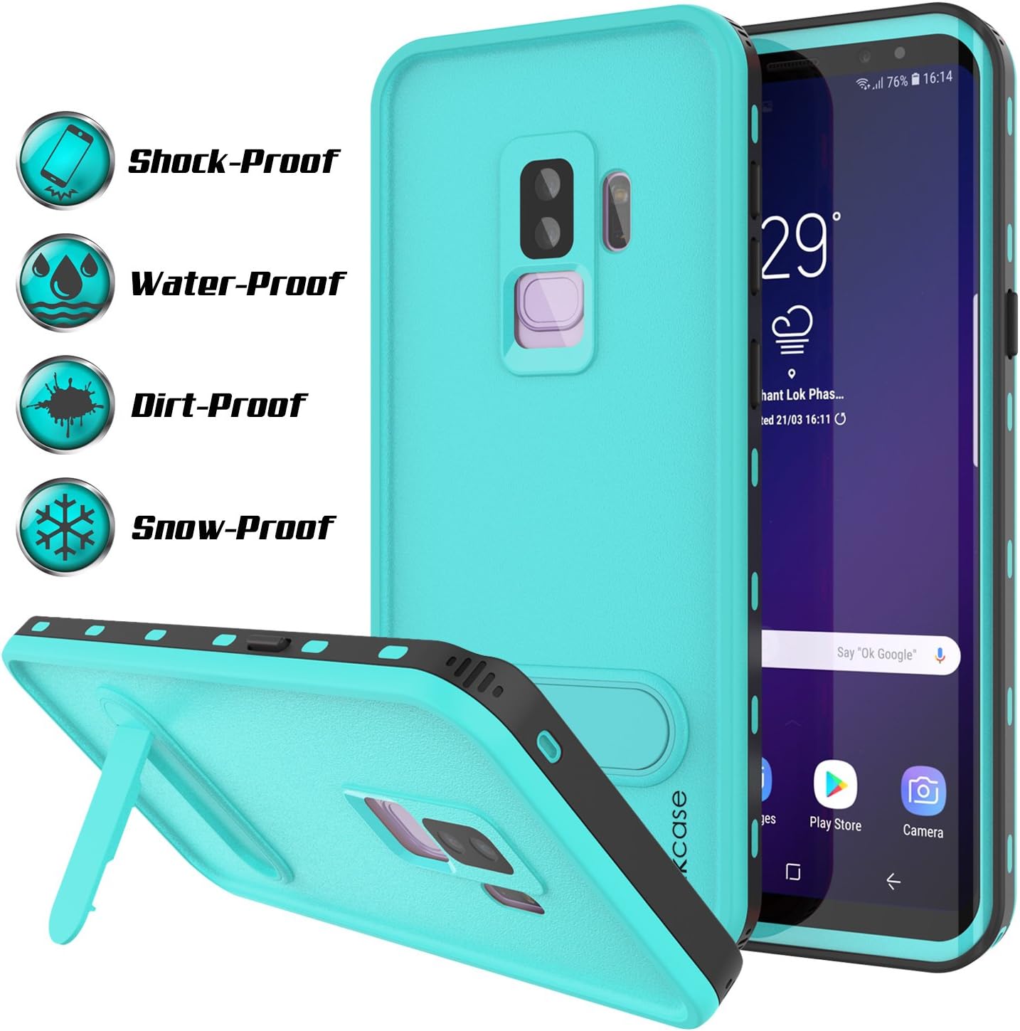 Galaxy S9 Plus Waterproof Case, Punkcase [KickStud Series] [Slim Fit] [IP68 Certified] [Shockproof] [Snowproof] Armor Cover W/Built-in Kickstand + Screen Protector for Samsung Galaxy S9+ [Teal]