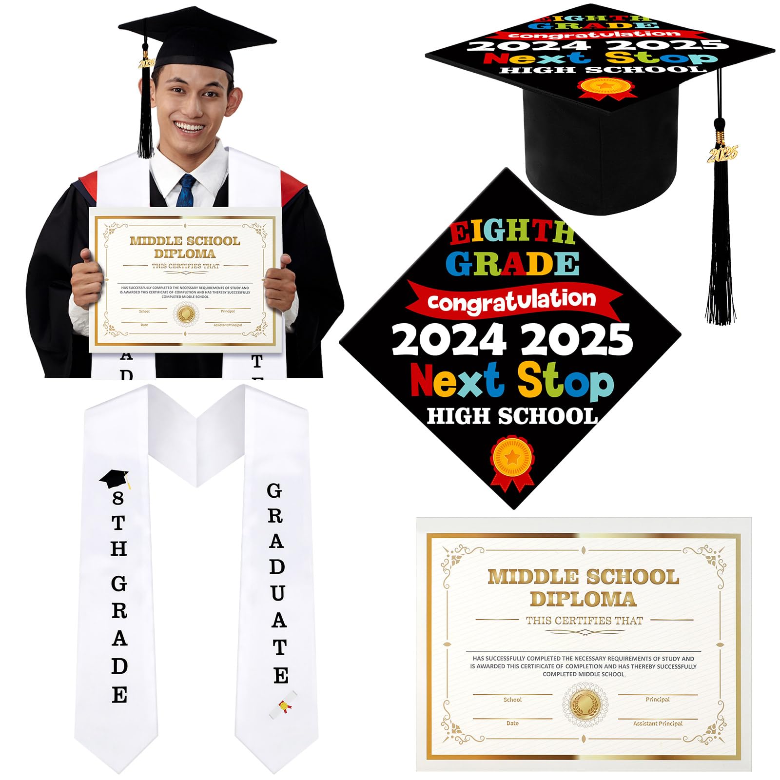 JaGely 3 Pcs 8th Grade Graduation Set Class of 2026 Graduation Cap and Stole Sash with Diploma Certificates Set for Middle School Students Supplies