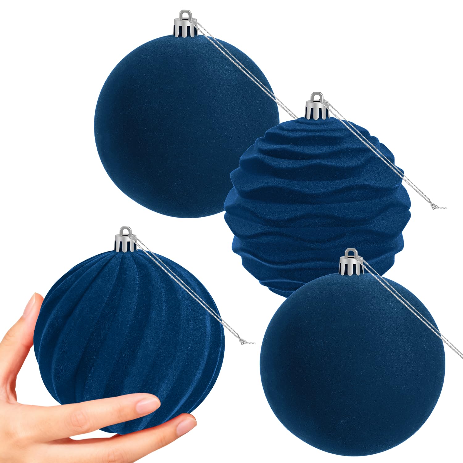 Miaikoe 4 PCS Large Velvet Christmas Balls Ornaments Shatterproof Hanging Set Flocked for Xmas Tree Holiday Party Decorations (Blue,10 CM) — image 1