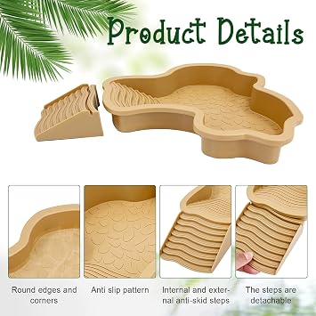 3PCS Tortoise Habitat Accessories, Creature Bathing Pool with Ramp & Basking Area, 2PCS Simulation Tree Stump Feeding Dish for Turtle Gecko Frog Semi-Aquatic Species (Yellow)