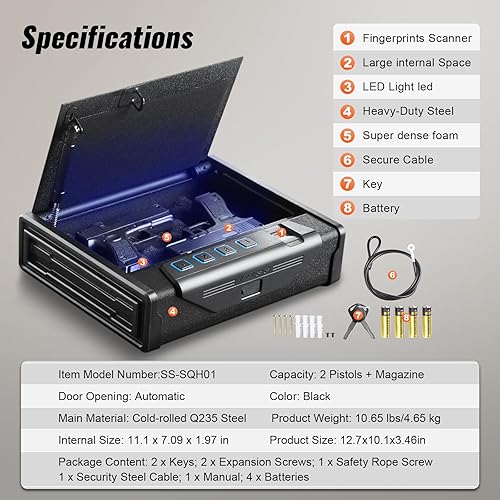 Miniatura 7 de Caja fuerte para pistolas biométricas con tres formas de acceso rápido de huellas dactilares, contraseñas y llaves, caja fuerte para pistola para 2