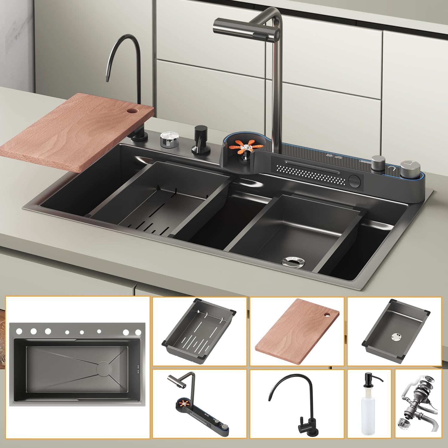 33x22x10 In Black Smart Kitchen Sink Digital Display Ambient Light Multifunction Waterfall Kitchen Sinks 8 Gauge Metal Black Stainless Steel Single Bowl Workstation Sink With Soap Dispenser