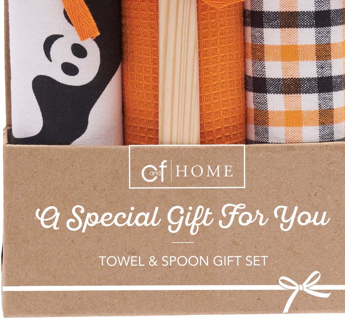 C&F Home Hey Boo Ghost Halloween Kitchen Dishtowels & Spoon Gift Bundle Set of 4 Cute Spooky Scary Home Cooking Baking Drying Dish Hand Towel Machine Wash Decor Decoration Orange