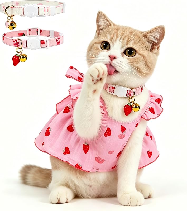 Vestido para Gatos e Cães Pequenos Sunexinlo com Estampa de Morango e 2 Coleiras com Laço, Tamanho M