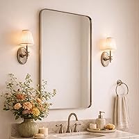 Vista 15 de GRACTO Espejo de baño con marco de metal dorado cepillado de 24 x 30 pulgadas para pared en acero inoxidable redondeado rectangular espejo