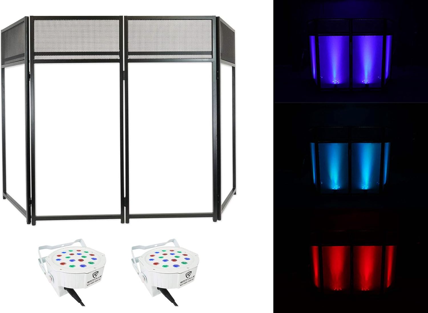 Rockville DJ Booth Bundle: ROCKBOOTH Facade with Built-in Table, Travel Bag, 2 Scrims with (2) Battery PAR 50 White Rechargeable LED DMX Wash Lights, Wireless Remote Control, 3-Items