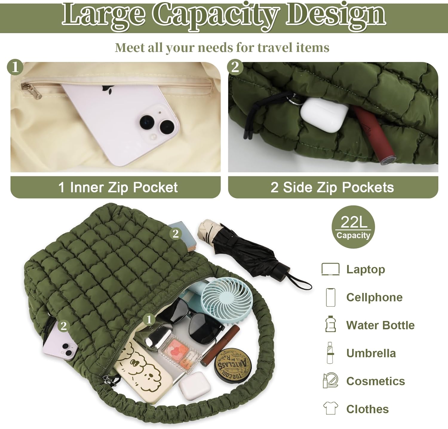 izuzta Quilted Puffer Tote Bag for Women Large Crossbody Bag Lightweight Nylon Puffy Quilted Carryall Hobo Puff Shoulder Bag - Image 5