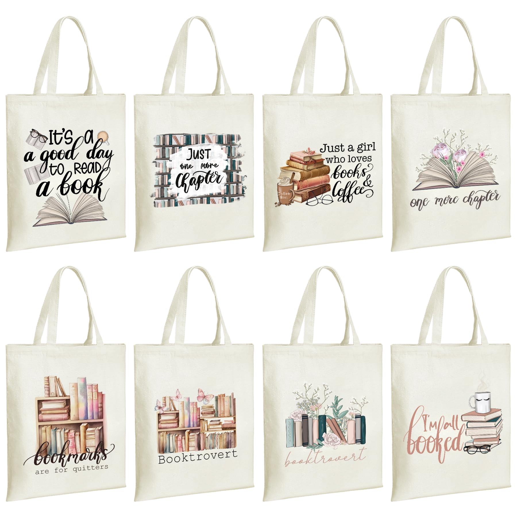 Whemyreat 8 PCS Book Lover Gifts Canvas Tote Bag for Women Reading Gift Book Club Librarian Bookish Lovers Bulk Bags Reader Teacher Elegant