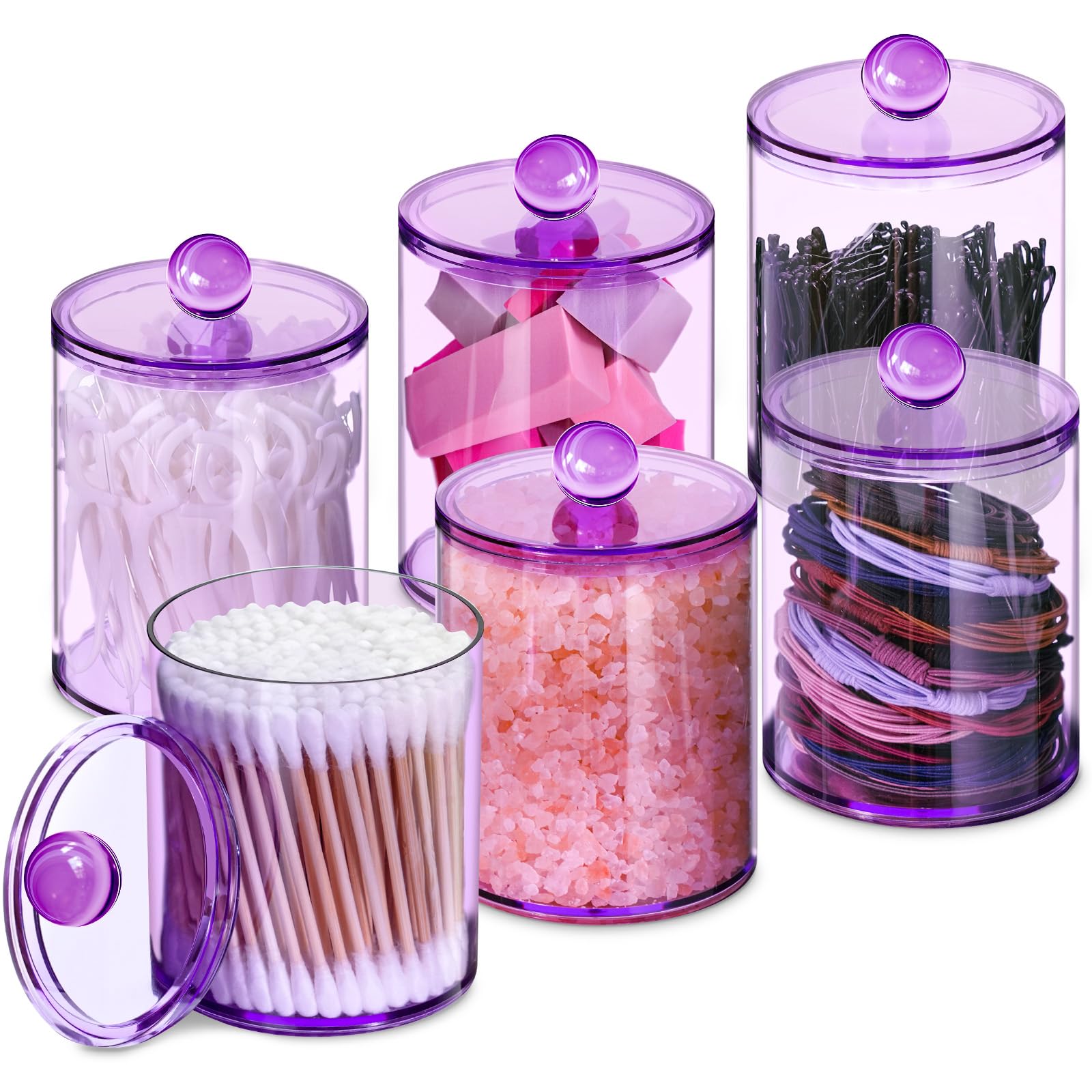6 Pcs Acrylic Qtip Holder, Cotton Ball Holder Jars with Lids, Purple