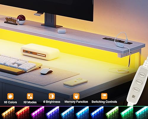 Miniatura 4 de ODK Escritorio para computadora de 55 pulgadas con 3 cajones y tomas de corriente USB, escritorios de oficina en casa con luces LED y soporte de