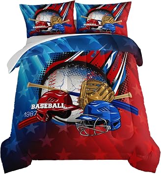 HOSIMA Baseball Comforter Set for Boys Teens Bedroom Decor, Red and Blue Helmet Pattern Bedding Set Twin Size, Sports Player Bedding Sets