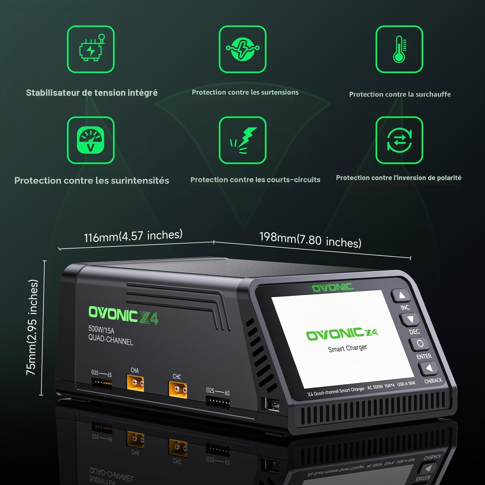 OVONIC X4 AC 500W 4 canaux LiPo Balance Chargeur 15A pour canal prend en charge LiPo/Li-Ion/LiHV/Life 1-6S NiMH 3-18S Protection de sécurité incluse