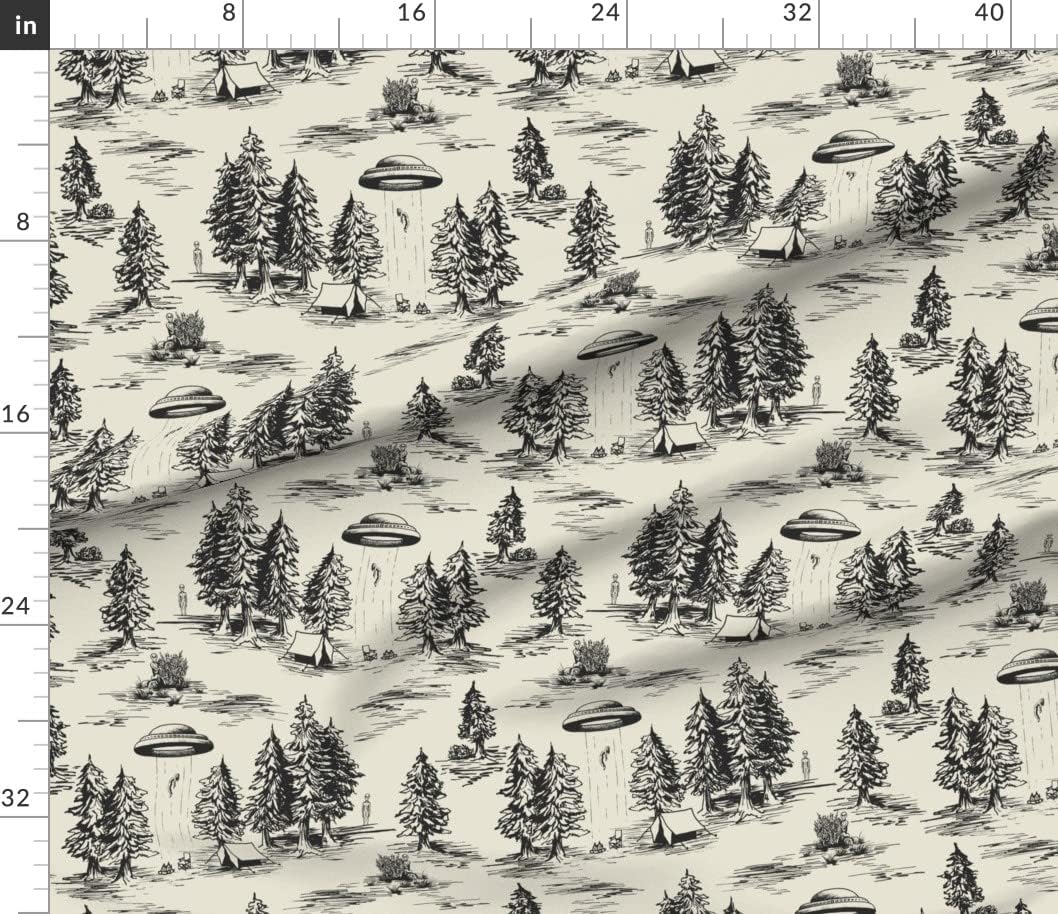 Spoonflower Fabric - Alien Toile Black Space Aliens Camping UFOs De Jouy UFO Flying Saucer Printed on Petal Signature Cotton Fabric by The Yard - Sewing Quilting Apparel Crafts Decor