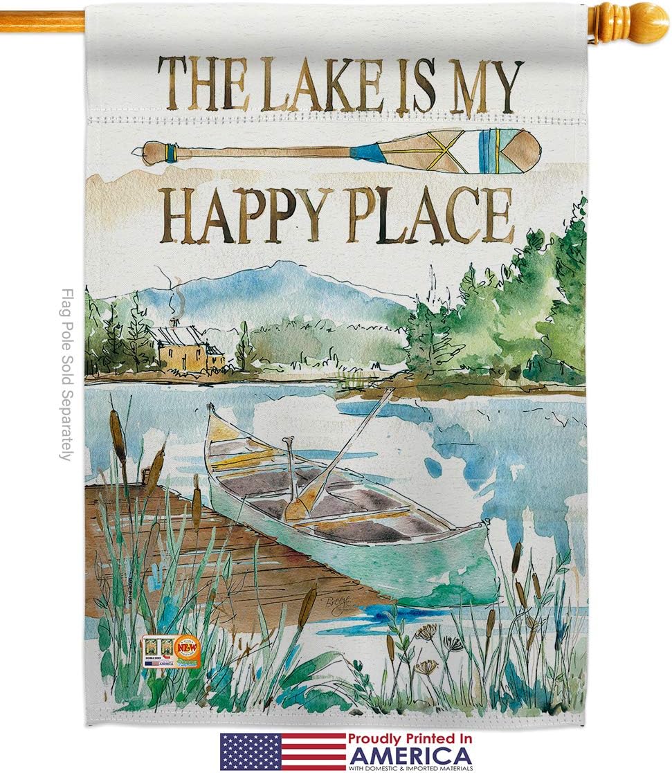 Lake is Happy Place House Flag Outdoor Rustic Cabin Moose Wildlife Adventure Forest Small Decorative Gift Yard Banner Made In USA 28 X 40