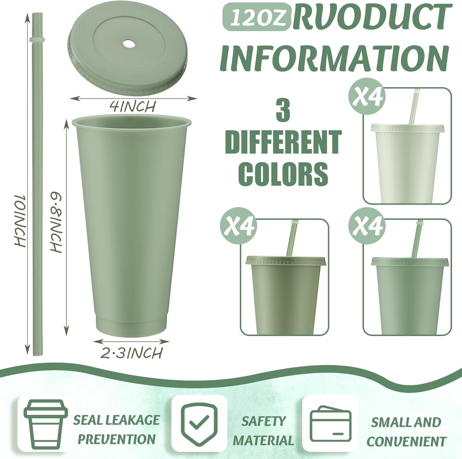 Skylety 12 Pcs Sage Green Plastic Cups with Lids and Straws 24 oz Reusable Tumbler Large Travel Mug Cup Coffee Beverage Drinks Party Supplies for Wedding Bridal Baby Shower Birthday