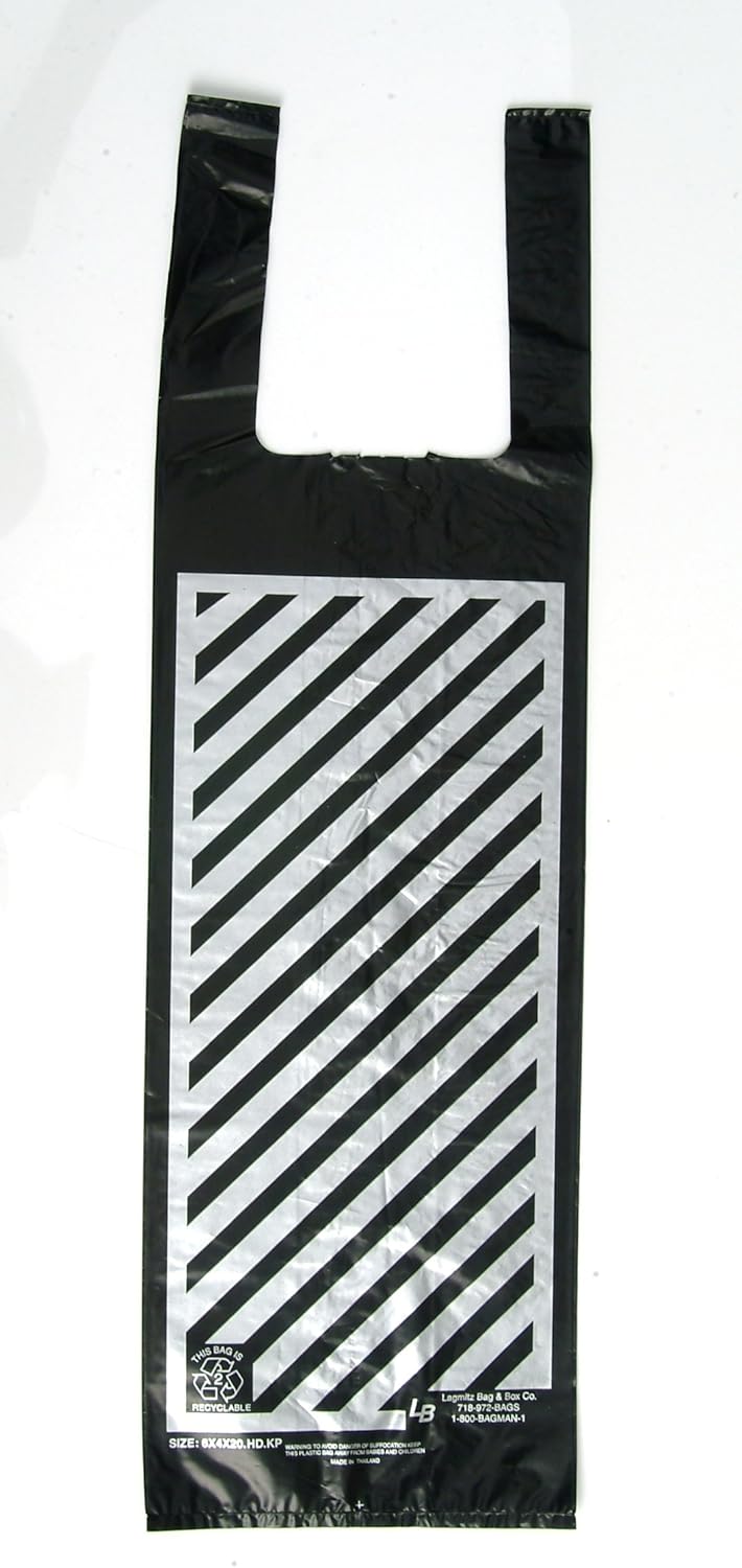 Plastic Shopping Bags, 6000pcs"Pint Liquor/Wine Bag" Size: 7x4x15, 14 Microns LITE, Black Bags with Silver Stripes, 2.3 Cents Per Bag, 139.95 per box.
