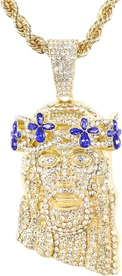 Mens Iced-Out Floral Crown Jesus Pendant Necklace with 24" Rope Chain - Hip-Hop Jewelry with Simulated Crystals