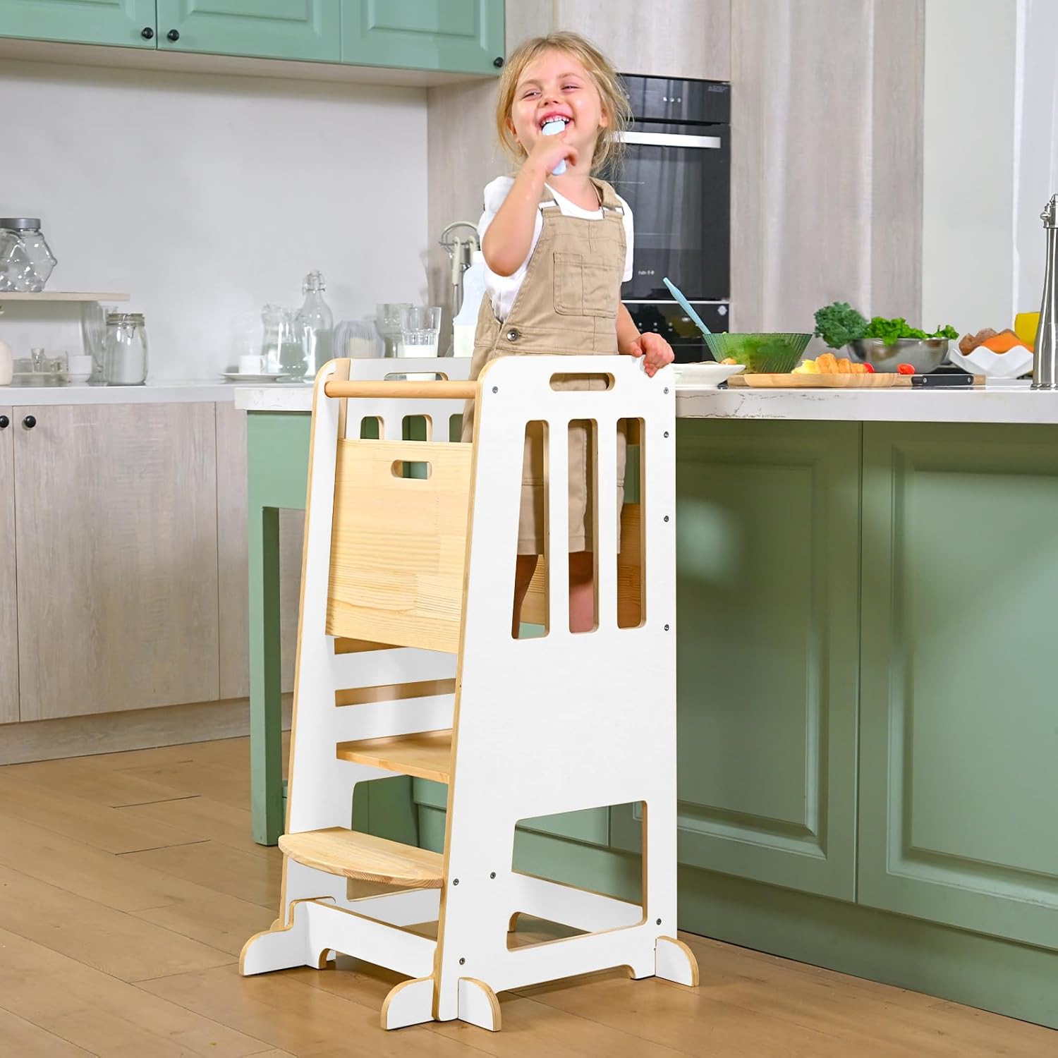 WINGYZ Toddler Tower  Adjustable Step Stool Helper for Kids 18M6Y, Kitchen Learning Stool with Safety Rail, 3-Height Adjustable, Sliding Door, Full Support Foot, Wooden Updated Design, White
