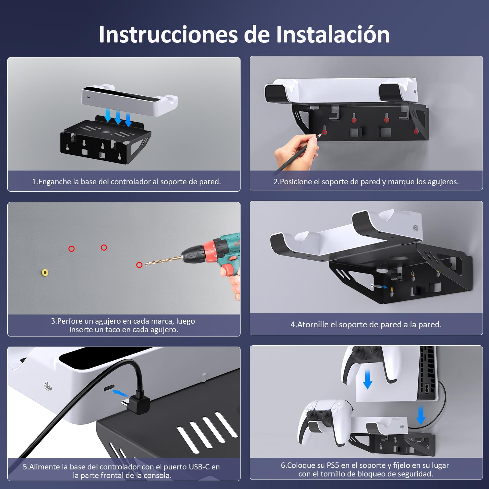 NexiGo Soporte de Pared para PS5 con Estación de Carga para PS5 (Todas Las Versiones) y Nuevas Consolas PS5 Slim, Mandos DualSense_Edge y Regulares