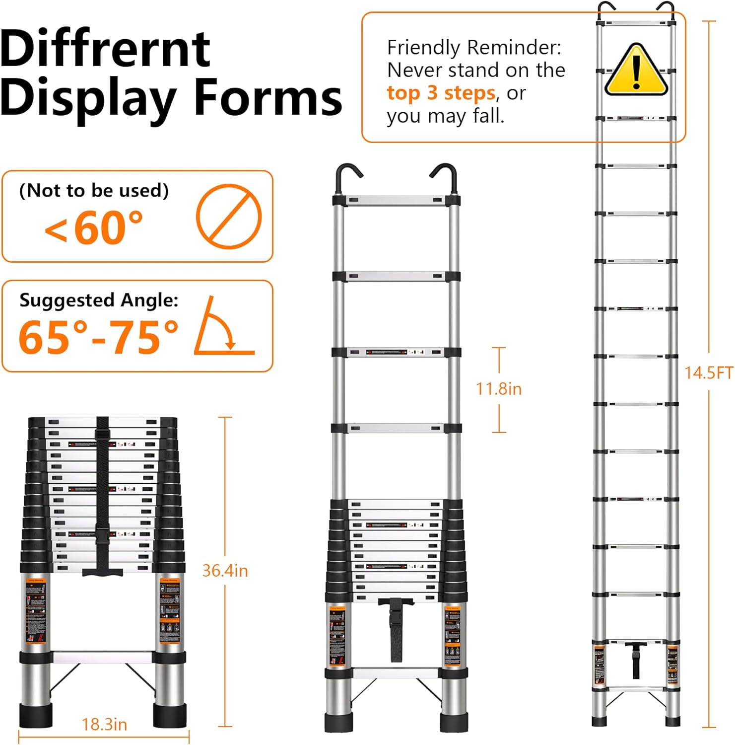 Telescoping Ladder 14.5 FT Stainless Steel Extension Ladder with 2 Detachable Hooks, Portable Multi-Purpose Collapsible Telescope Ladder for Home,RV,Outdoor Work,330lbs Max Capacity