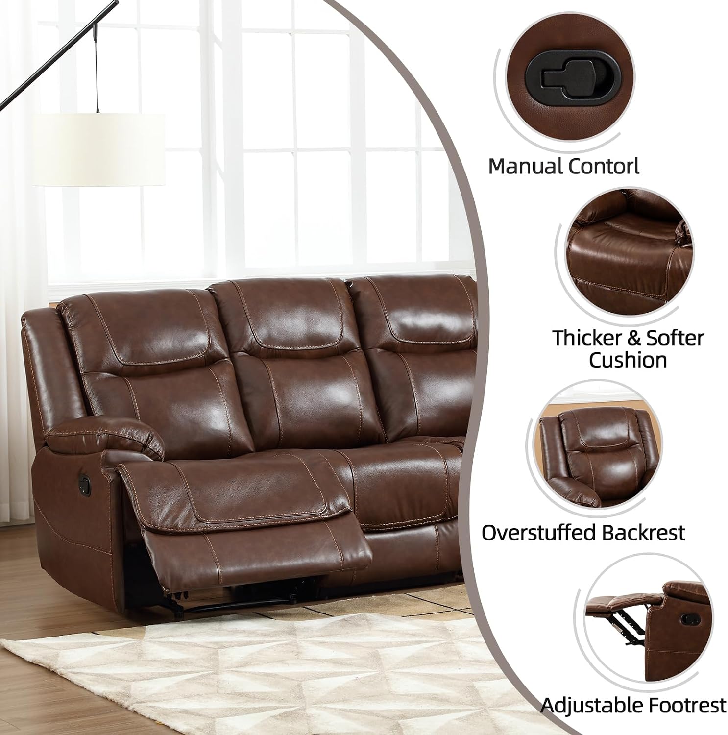 EBELLO Genuine Leather Manual Recliner Sofa Set, Recliner Chair, Loveseat Reclining Sofa and 3 Seat Sofa, Couch Furniture Set for Living Room, Meeting Room, Brown