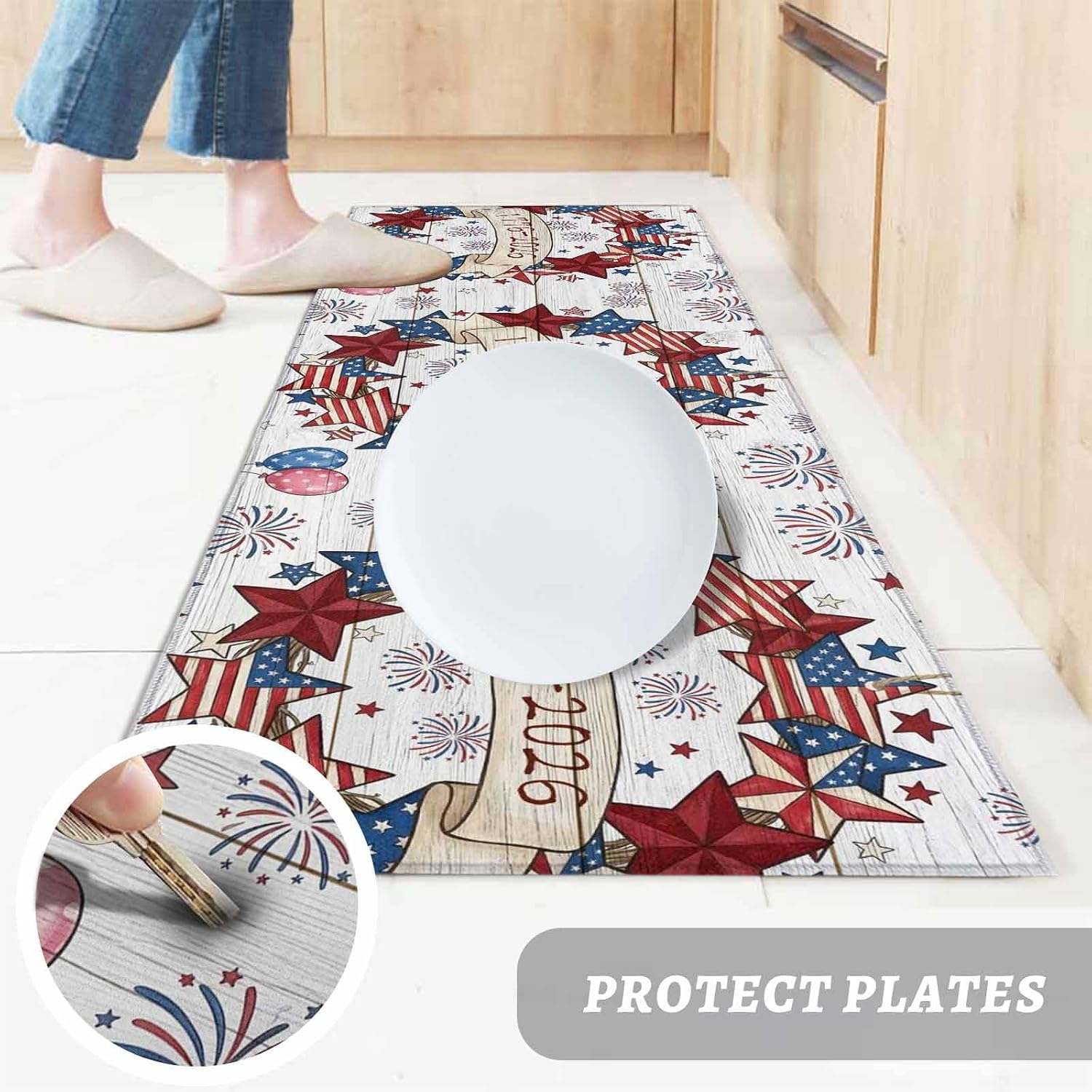 Kitchen Mats for Floor American 250th Anniversary Washable Non Slip Kitchen Rugs 2PCS, Red Blue Star Wood Board Absorbent Standing Mats for Sink Bathroom Office Living Room 15.7x23.6in+15.7x47.2in