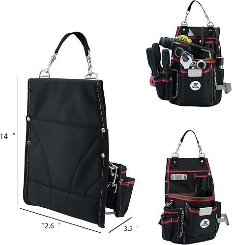 Miniatura 3 de 20-539 - Bolsa de herramientas profesional resistente con soporte para martillo y clip de cinta  Nylon balístico 1680D + cuero genuino  Trabilla